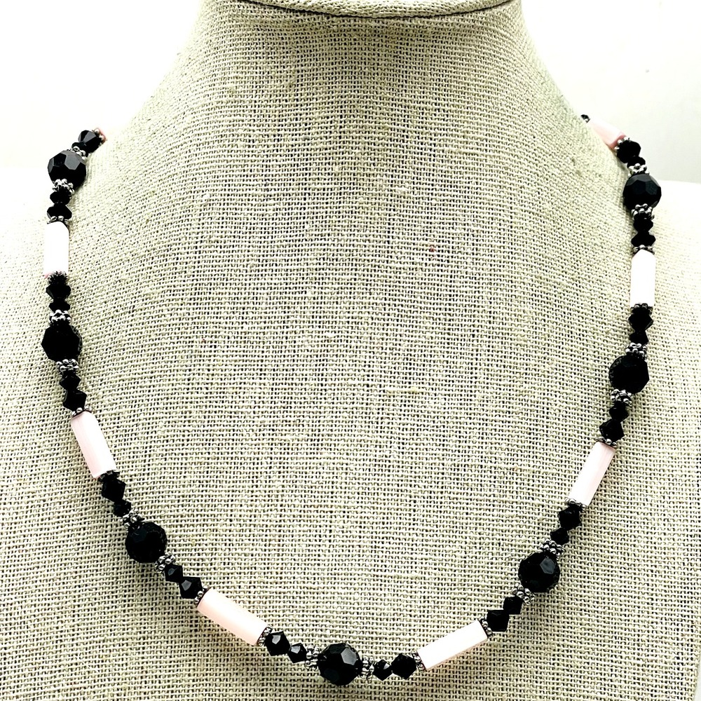 Black Pale Pink Beaded Necklace Silver Tone Tube Beads Geometric Jewelry